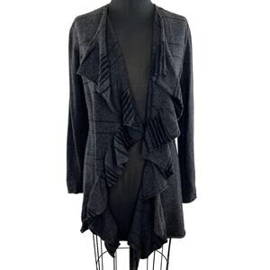 Eileen Fisher Gray Black Merino Wool-Cashmere Ruffle Waterfall Cardigan Size S